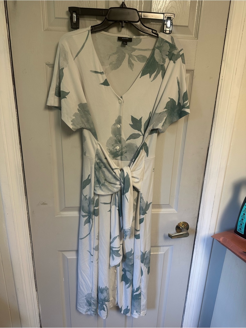 Alfani Ivory Midi Dress with Sage Floral Print and Tie Waist